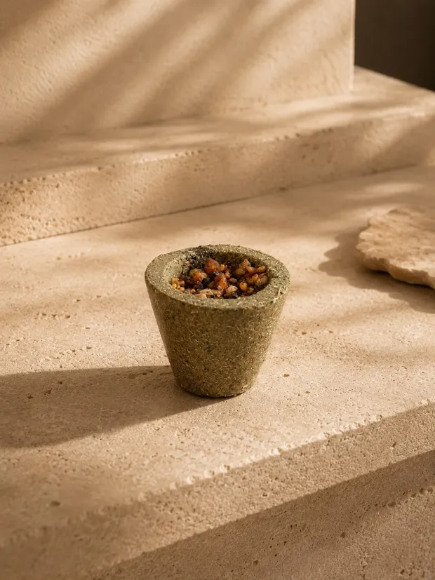 Bakhoor resin bowl on sunlit stone steps