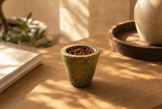 Bakhoor bowl on a wooden table beside an olive tree and a stoneware vase