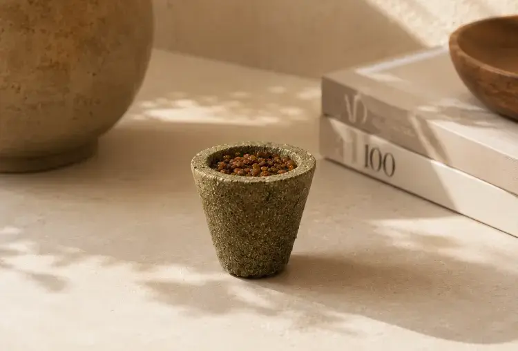 Bakhoor bowl on a stone ledge beside books and a clay vase