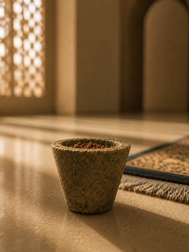 Bakhoor bowl smoking on a mosque prayer mat before Namaz