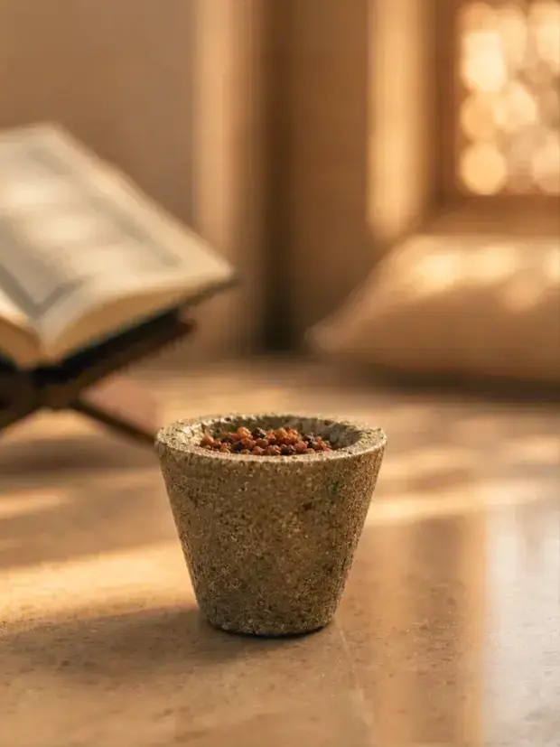 An open Quran on a rehal beside a smoking Bakhoor bowl
