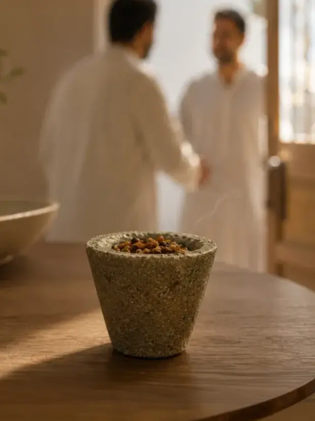 Two men greeting each other at a doorway with a Bakhoor bowl nearby