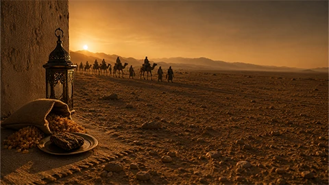 A camel caravan crossing the desert at sunset, with a lantern and resin beads in the foreground