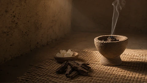 Bakhoor resin smoking gently on a prayer mat