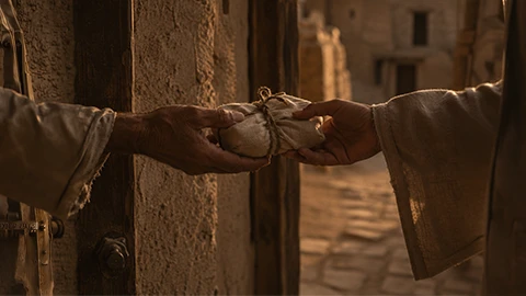 A wrapped cloth bundle being handed from one person to another at a doorway